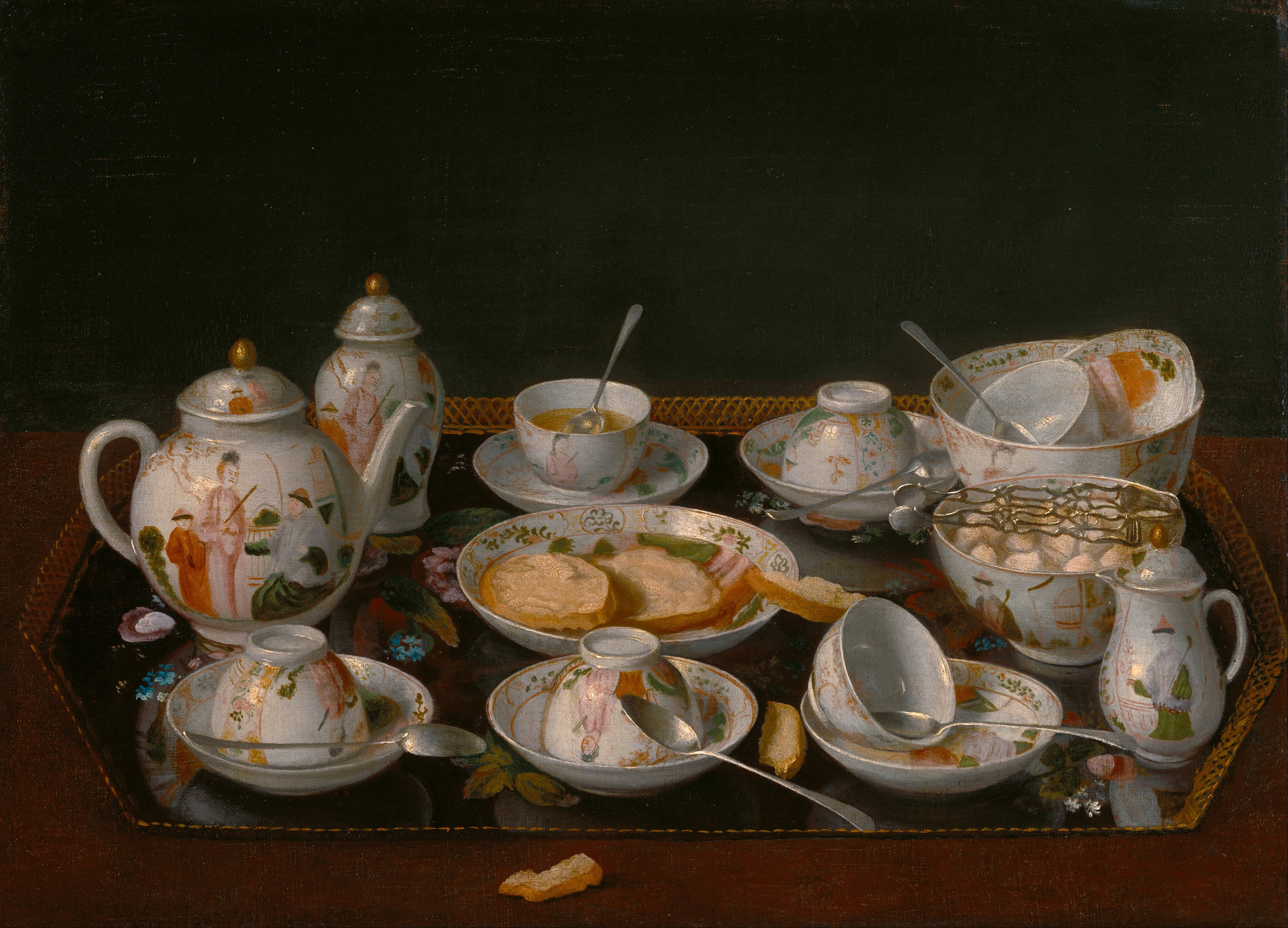 Bức tranh “Still Life: Tea Set” (Tranh tĩnh vật: Bộ dụng cụ thưởng trà), họa sỹ Jean-Étienne Liotard, khoảng năm 1781–1783. Tranh sơn dầu trên vải canvas được dán lên bảng cứng; kích thước: 14 7/8 inch x 20 5/16 inch. Getty Center, Los Angeles. (Ảnh: Tư liệu công cộng)