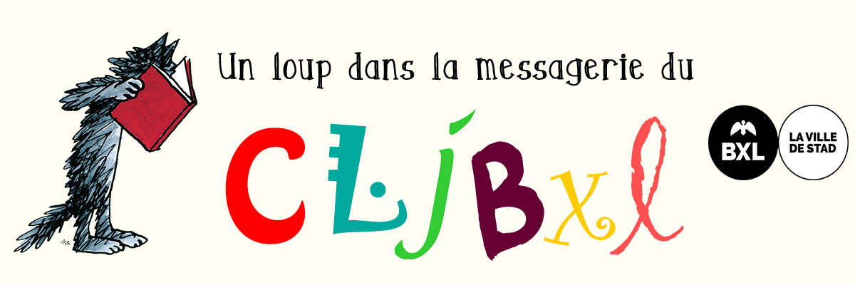 Bandeau avec le logo du CLJBxl : le loup de Mario Ramos et son livre rouge