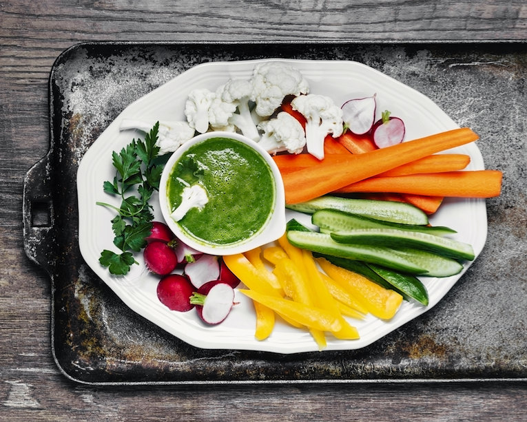 sliced veggies with a healthy dip