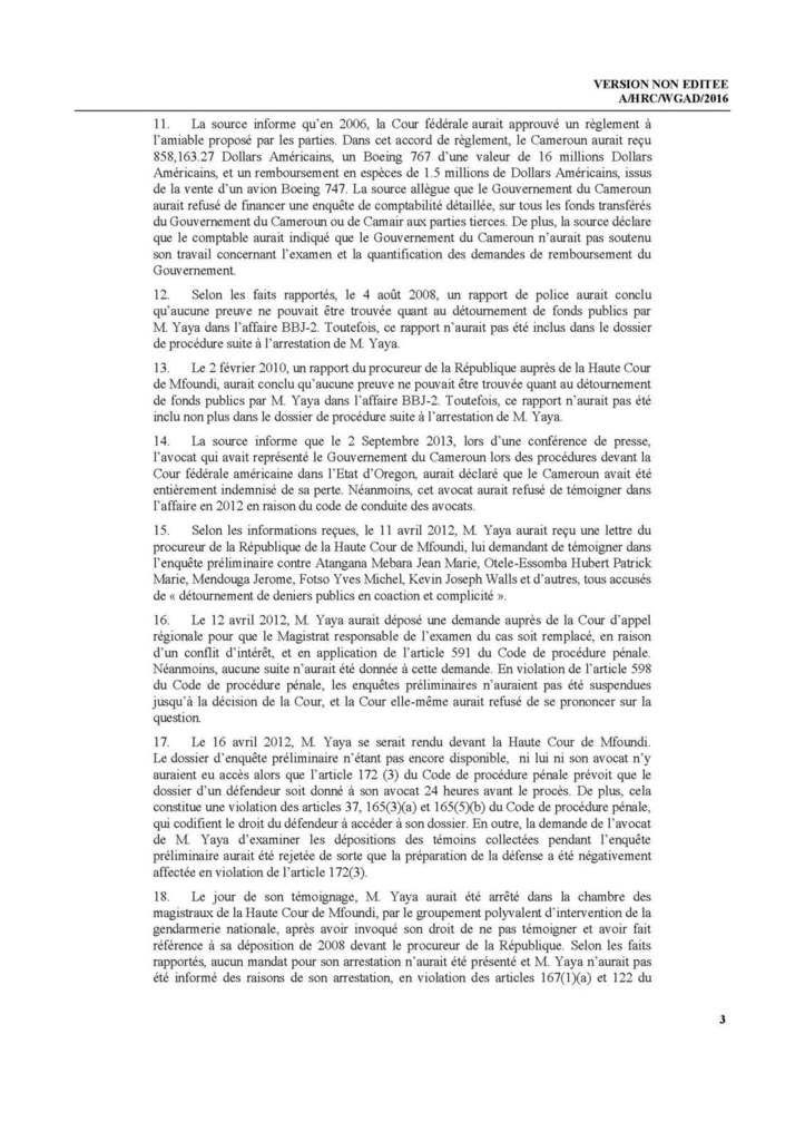 Decision du groupe de travail des nations unis sur la Detention arbitraire demandant la liberation de Marafa Hamidou Yaya