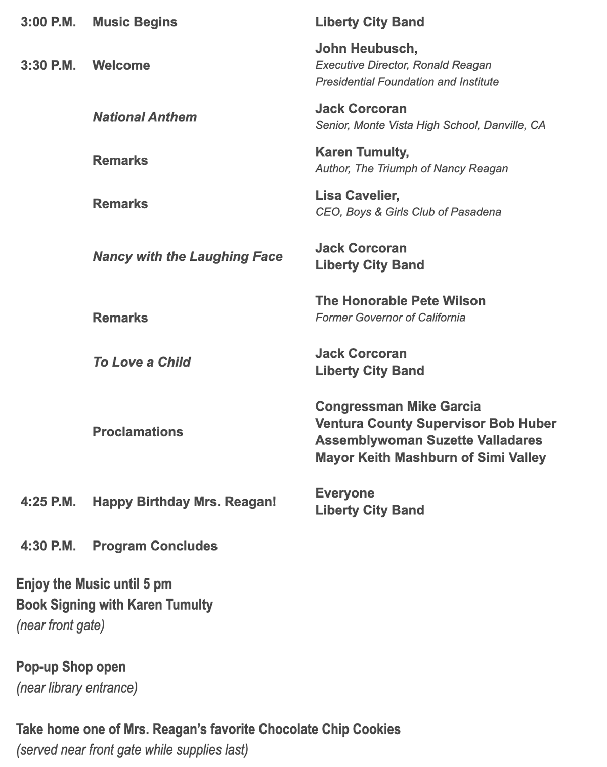 Nancy Reagan Centennial Birthday Celebration event schedule.