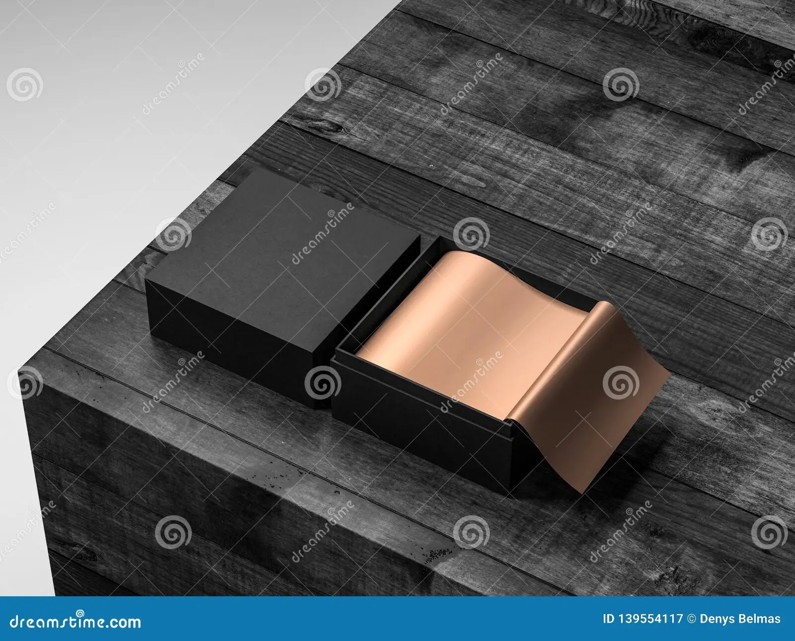 Opened Square Black Gift Box Mockup with Golden Wrapping Paper, Half