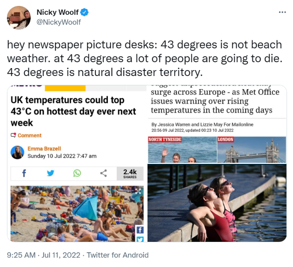 hey newspaper picture desks: 43 degrees is not beach weather. at 43 degrees a lot of people are going to die. 43 degrees is natural disaster territory.