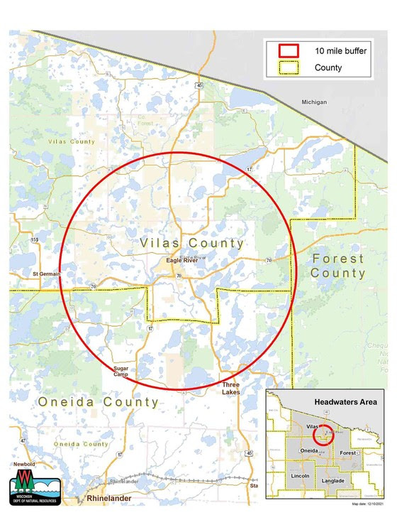 Surveillance radius illustration map surrounding Vilas County on state of Wisconsin 