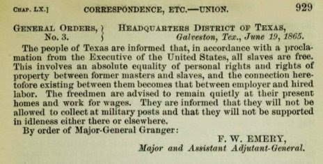 An old newspaper clipping announcing the end of slavery on June 19, 1865.