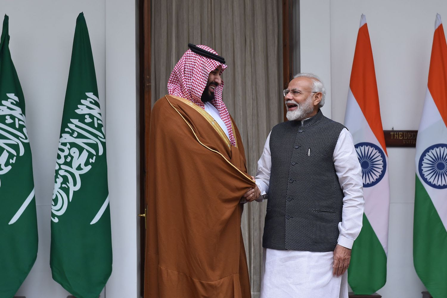 Indian Prime Minister Narendra Modi shakes hands with Saudi Crown Prince Mohammed bin Salman prior to a meeting in New Delhi on Feb. 20, 2019.