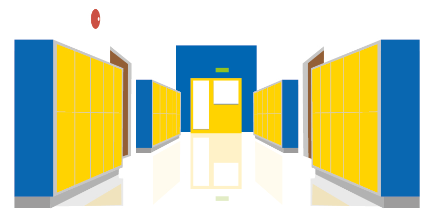 Skolkorridor med väggar och skåp som är gula och blå