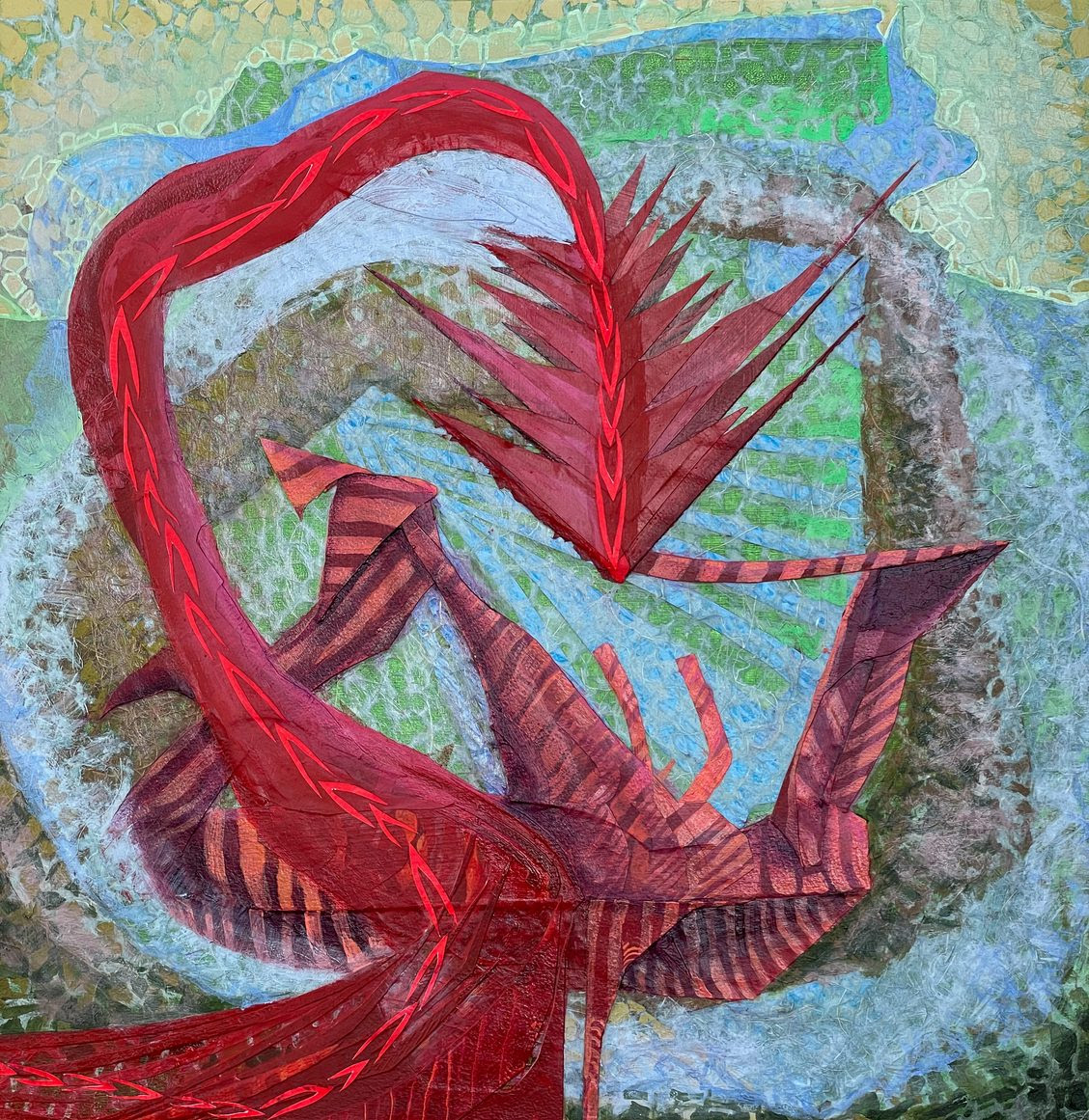 Mixed media piece of an arching red form on cool gray, green and blue atmosphere.