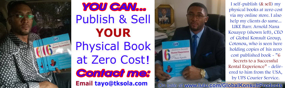 Barr. Arnold Nana Kouayep - A Cotonou based client (President of Cotonou based Global Konsult Group) holds a copy of his book delivered to him from USA by Lulu.com - Click to learn more