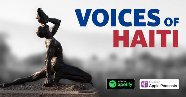 Title text says Voices of Haiti near a statue of a man blowing a conch shell towards the sky