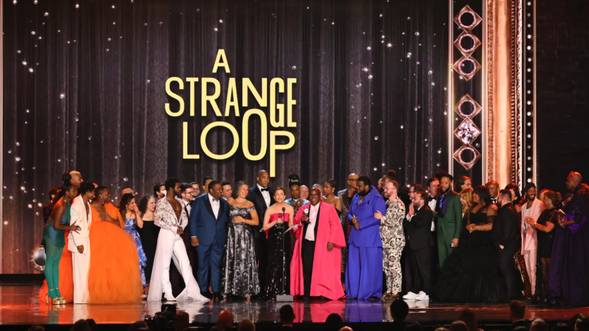 The cast and crew of "A Strange Loop" on Broadway take the stage at the 75th annual Tony Awards to accept the award for "Best Musical"