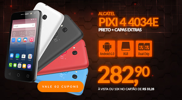 Smartphone Alcatel Pixi 4 4034E, Quad Core, Android 6.0, Tela 4´, 8MP, 8GB, Dual Chip - Preto + Capas Extras