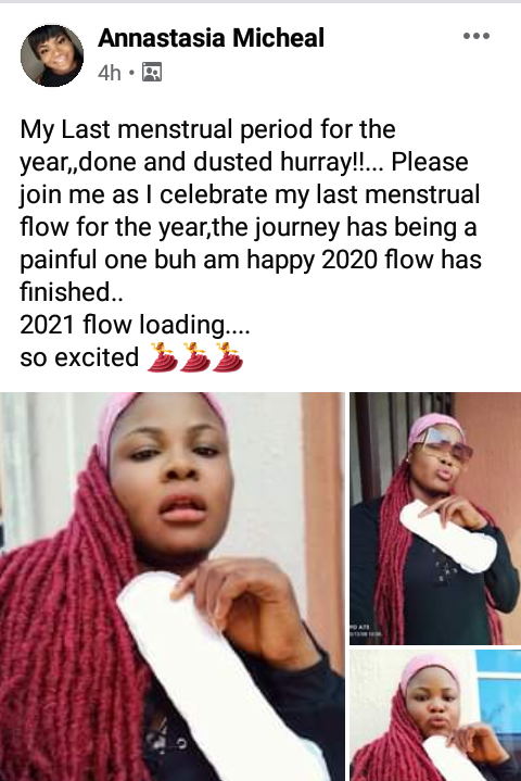 "I am happy 2020 flow has finished"- Nigerian woman poses with sanitary pad to celebrate her last menstrual period for the year 