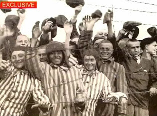 Liberation of Bergen Belsen, well                           nourished Jewish detainees with German striped                           detainee suits and caps on a cold day in wet                           and cold April 1945, April 15, 1945 [5]; other                           web sites state that this photo would be from                           Dachau.