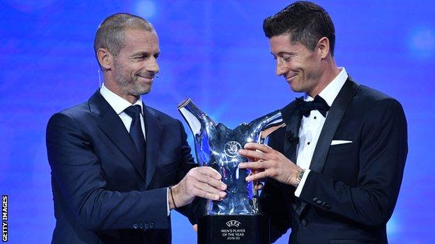 Robert Lewandowski receives the Uefa men's Player of the Year award