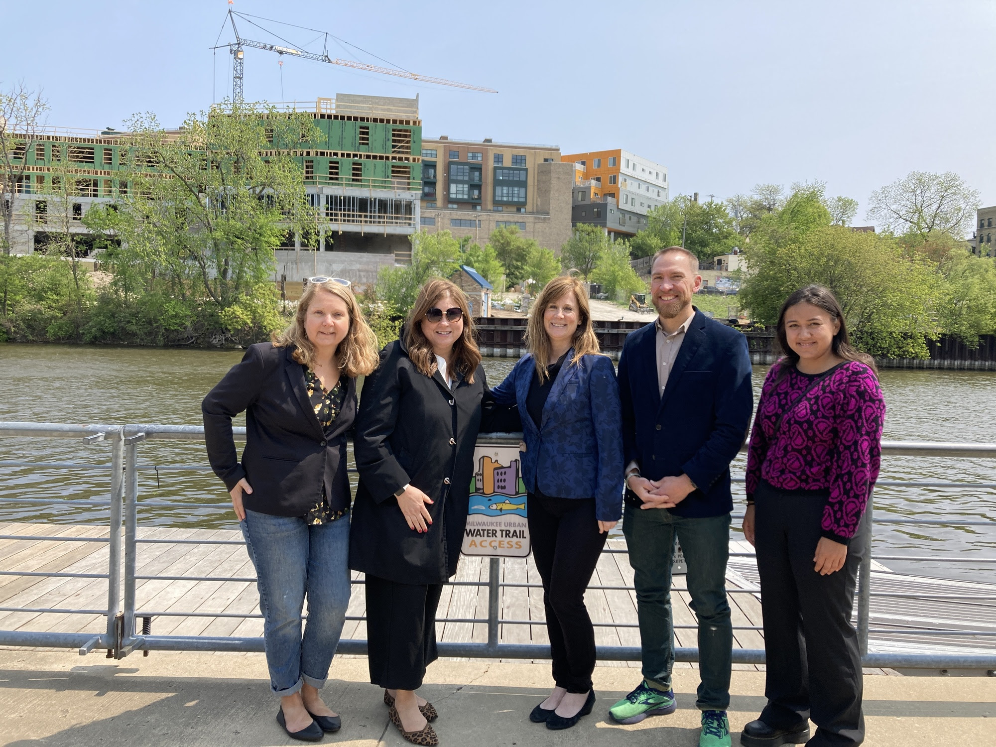 DOA Secretary Kathy Blumenfeld joins with members of Milwaukee Riverkeeper and Sen. Chris Larson after a tour of the Milwaukee RiverWalk.