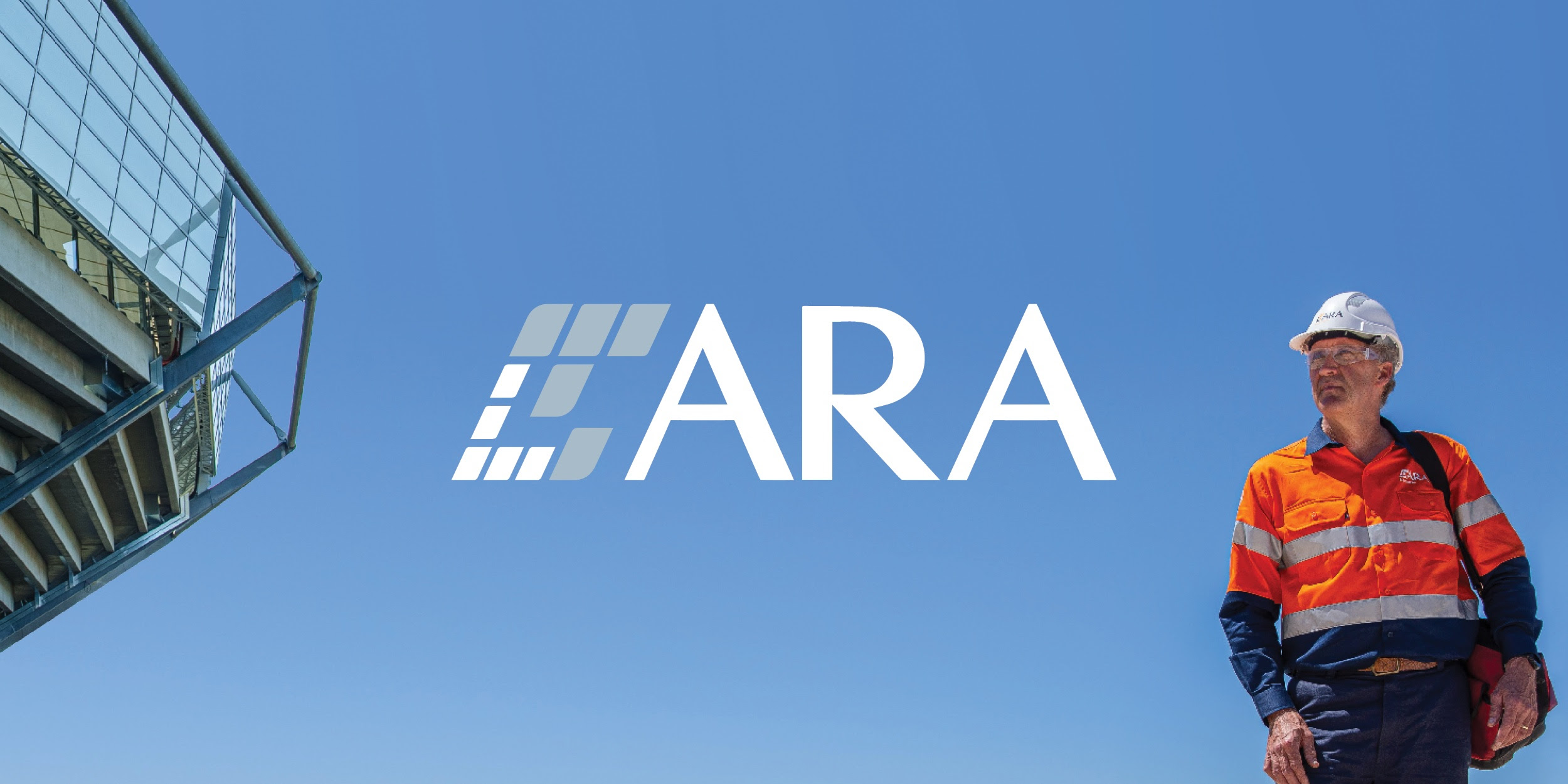 Image of a building and a construction worker with the ARA logo centred