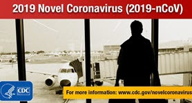 man waiting to board a plane with the words "2019 Novel Coronavirus"