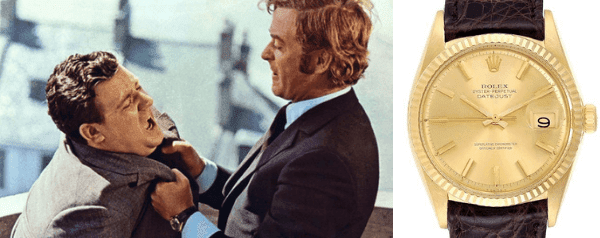 Caine's character can be seen wearing a yellow gold Rolex Datejust with a leather bracelet under his cuff.