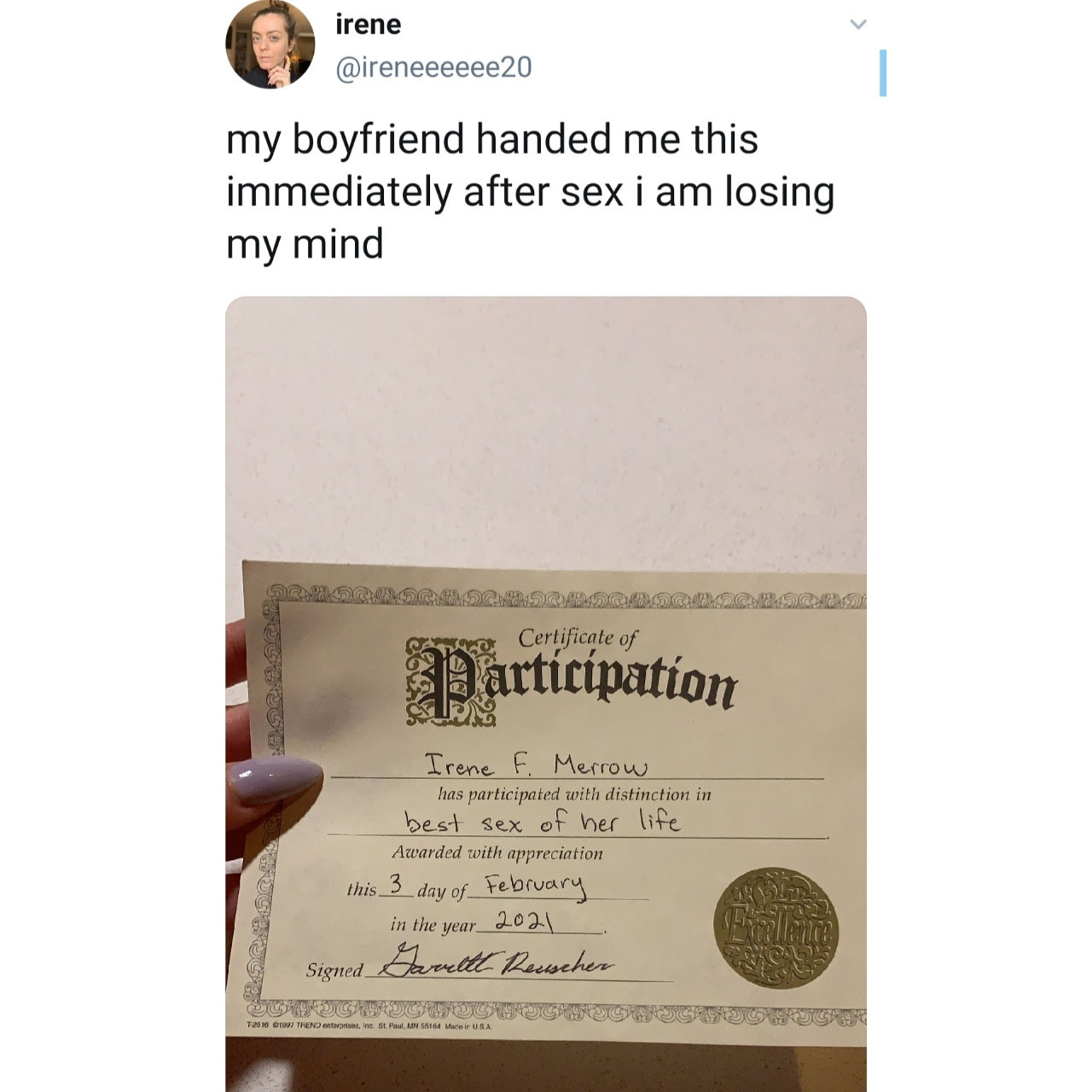 Woman receives certificate from her boyfriend immediately after sexual intercourse 