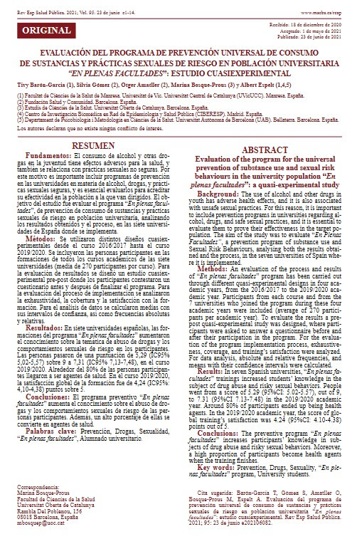 Evaluación del programa de prevención universal de consumo de sustancias y prácticas sexuales de riesgo en población universitaria «En Plenas Facultades»: Estudio cuasiexperimental