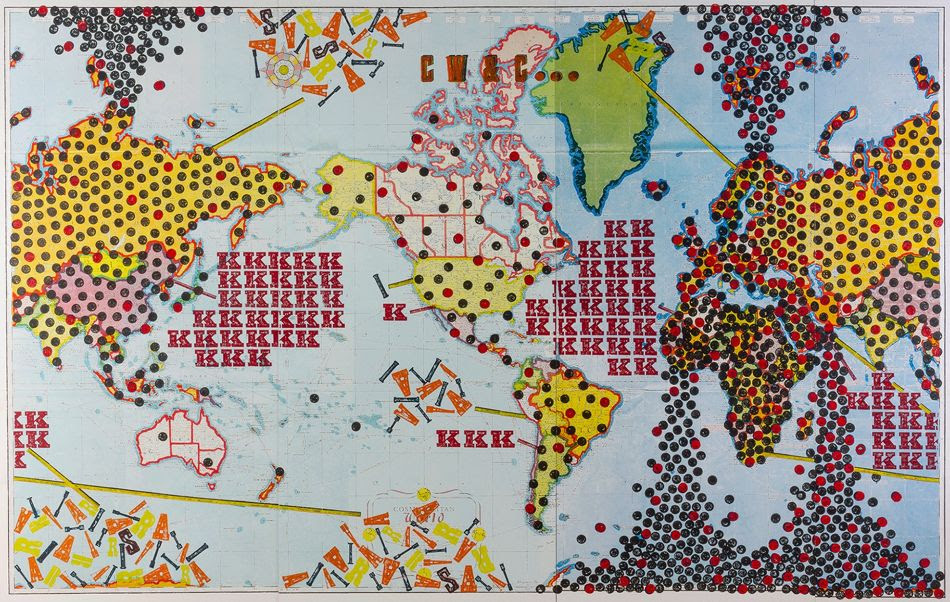 Dan Mills (USA), Current Wars & Conflicts… (with, by continent, Belligerent and Supporter groups marked with black and red circles respectively, and Asylum Seekers, Internally Displaced, Refugees, and Stateless marked with a letter for every million, and killed marked with a letter for every 250k), 2017.