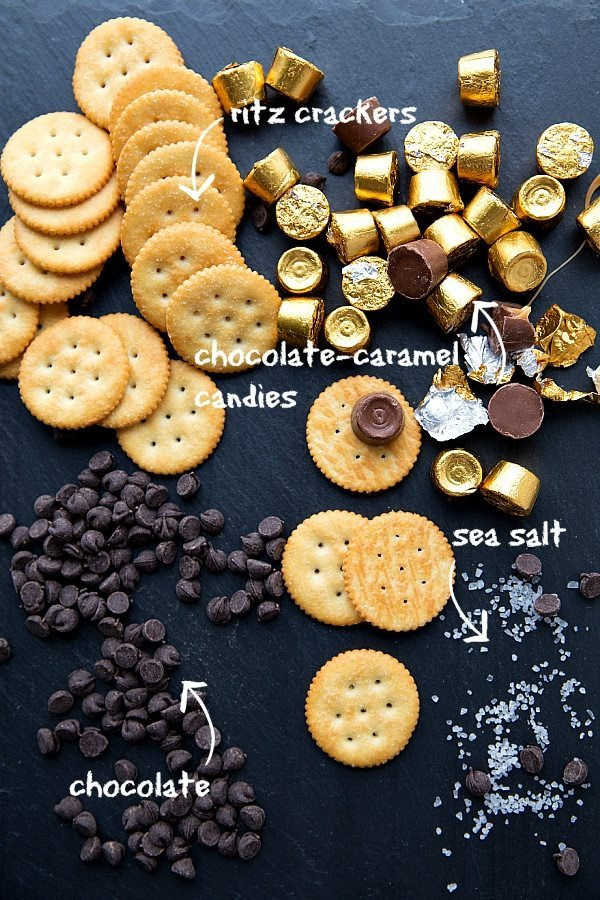 Ritz crackers with chocolate chips, chocolate caramel candies, and sea salt