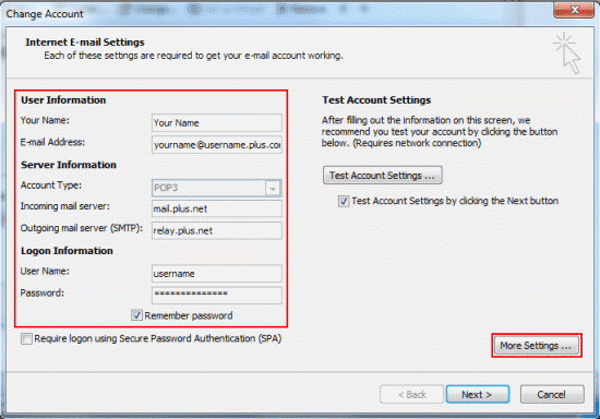 You'll now see the Internet E-mail Settings screen. From here you can check and edit any of the settings for your email account (see below the screenshot if you need help with this).