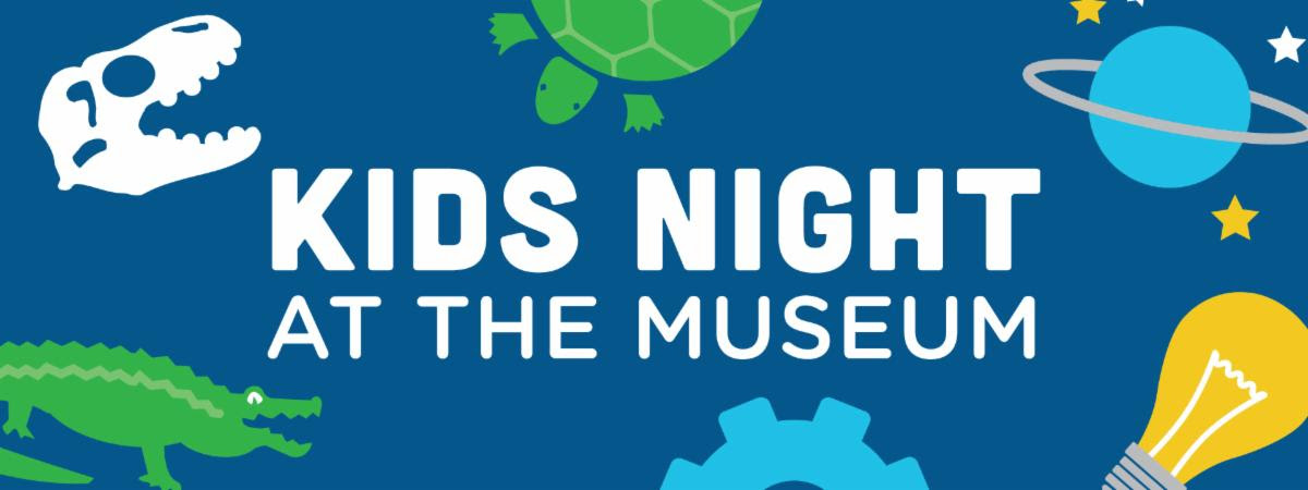 Kids Night at the Museum on blue background with science icons