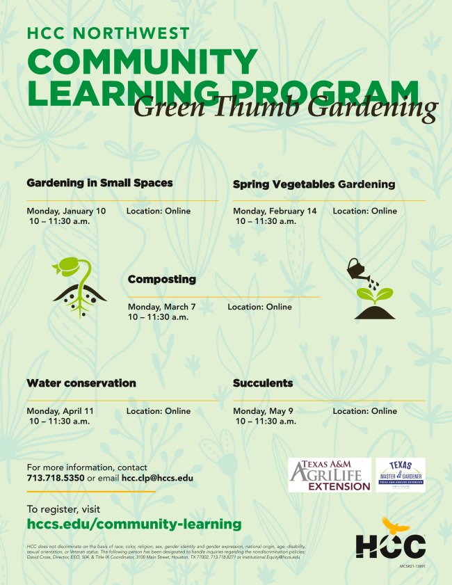 Green THumb Program with dates, register online at hccs.edu/community-learning