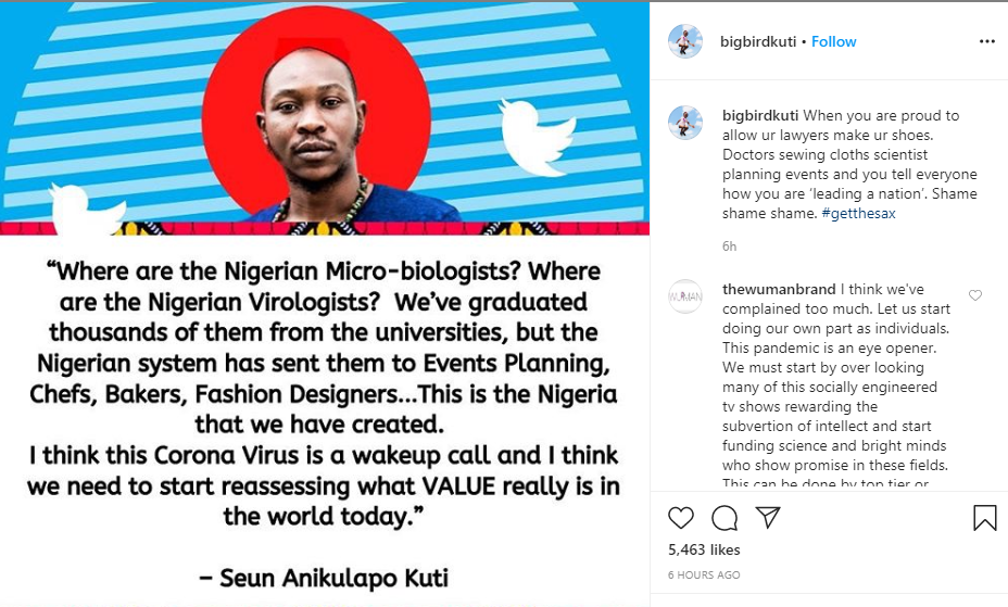 Nigerian system turned virologists, microbiologists and doctors into tailors, bakers and chefs - Seun Kuti