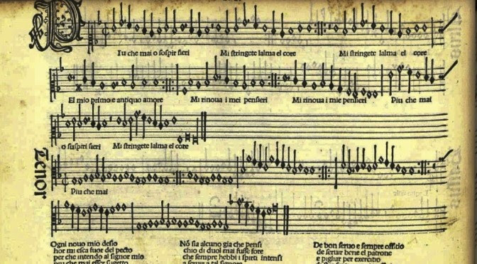 A page of printed 16th-century music with notes on a staff and lyrics.