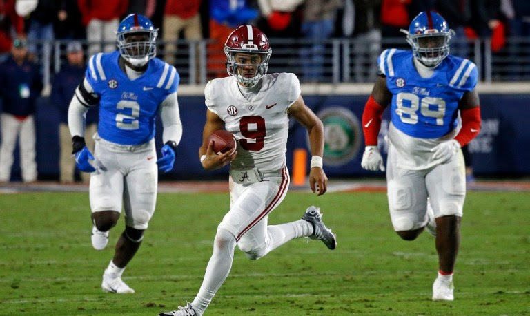 Nov 12, 2022; Oxford, Mississippi, USA; Alabama Crimson Tide quarterback Bryce Young (9) runs the ball during the second half against the Mississippi Rebels at Vaught-Hemingway Stadium. Mandatory Credit: Petre Thomas-USA TODAY Sports