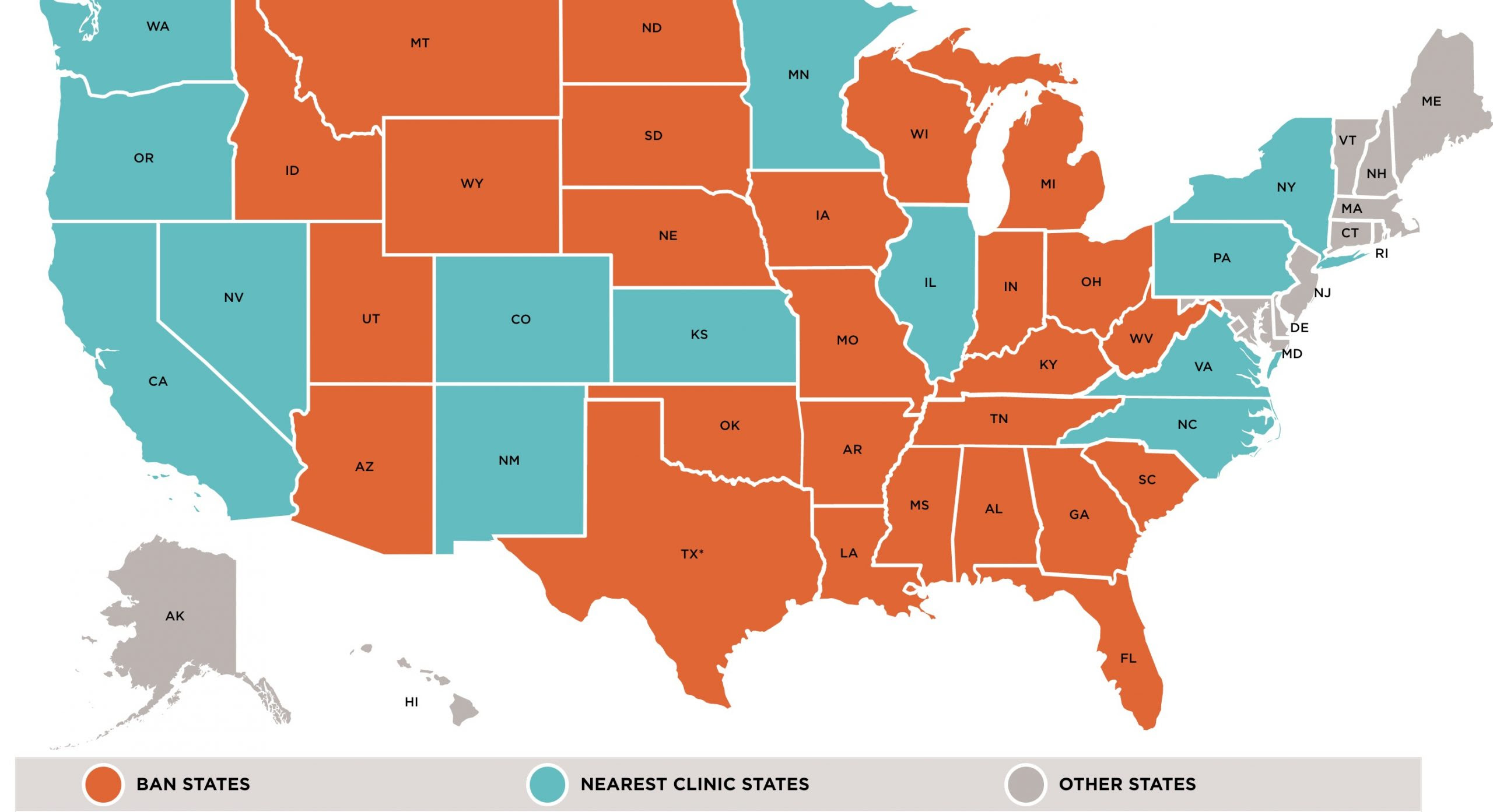 Map of States that would ban abortion and the nearest state - map by Guttmacher Institute