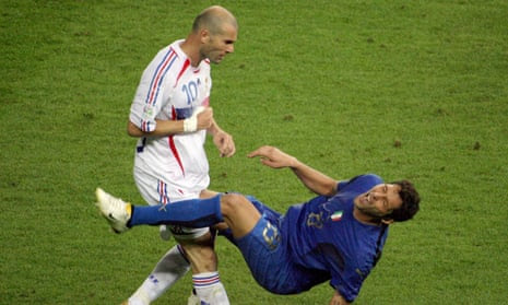 Zinedine Zidane butts Italian defender Marco Materazzi during the 2006 World Cup final.