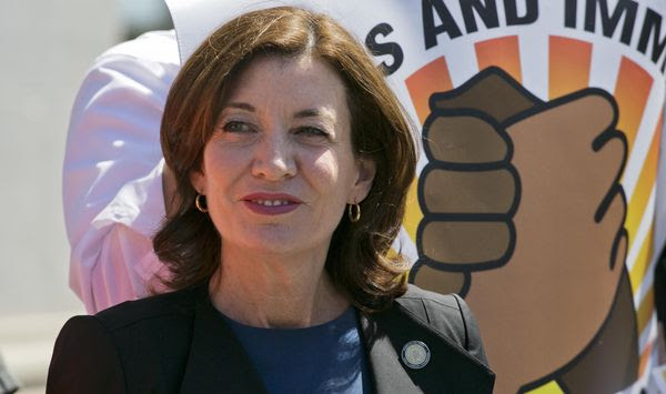 In this file photo, New York&#39;s Lt. Gov. Kathy Hochul attends a May Day pro-labor and immigration rights rally, May 1, 2018, in New York. Ms. Hochul will assume the office of governor upon Gov. Andrew Cuomo&#39;s resignation, effective Aug. 24, 2021. (AP Photo/Mark Lennihan, File)