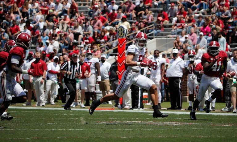 Cameron Latu (No. 81) with a 59-yard TD for Alabama on A-Day