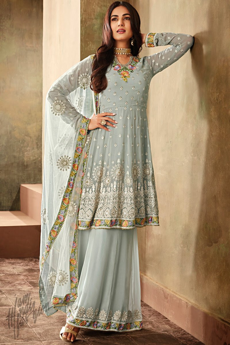 Light Sky Blue Georgette Knee Length Anarkali Suit with Palazzo Pants