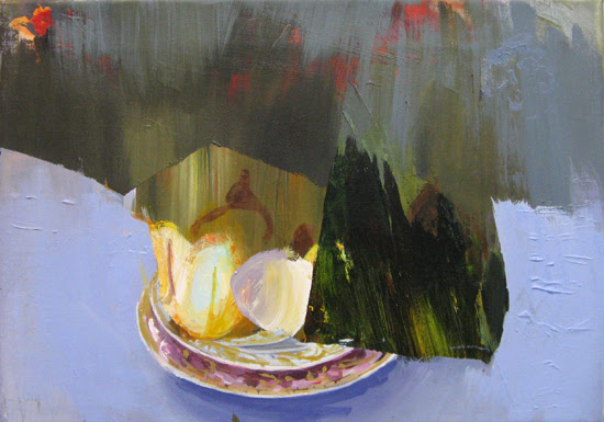 Judith Simonian, Fruit on Blue Table, acrylic on canvas, 8 x 10 inches