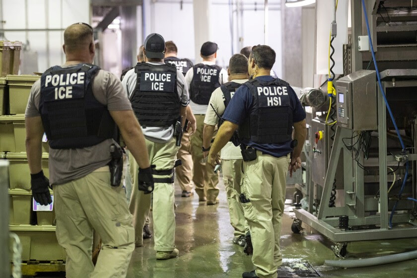 Homeland Security Investigations (HSI) officers from Immigration and Customs Enforcement (ICE) look on after executing search warrants and making some arrests at an agricultural processing facility in Canton