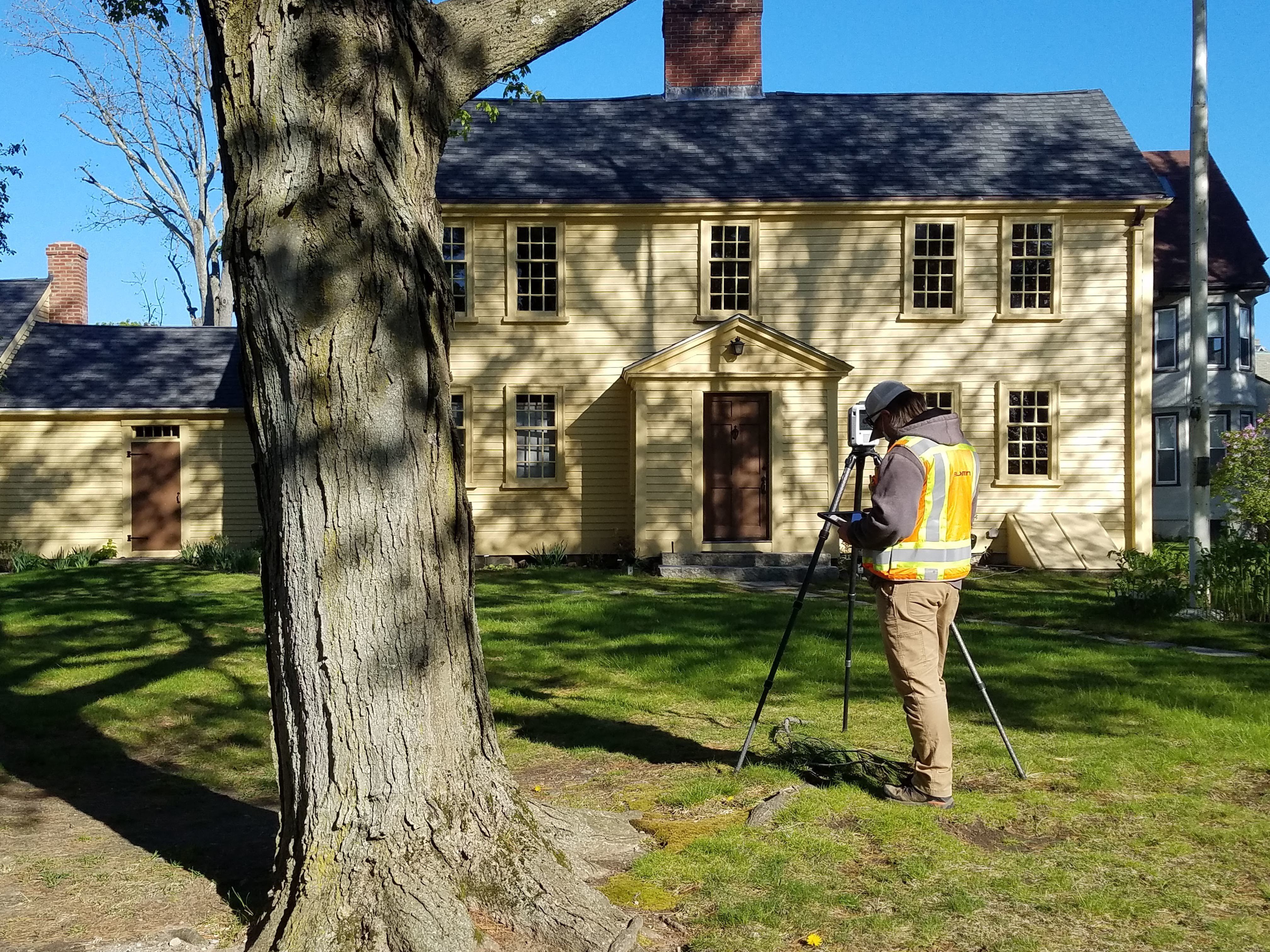 Technicians from Feldman Surveyors conducted a laser scan of the Jason Russell House and grounds May 14 and 15, 2020. A limited crew size enabled working within physical distancing guidelines. The data revealed provided deep   technical documentation of the current conditions of the house.