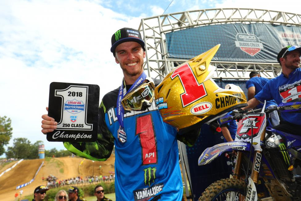 Plessinger is the 2018 Lucas Oil Pro Motocross 250 Class Champion, clinching the Gary Jones Cup at Budds Creek.