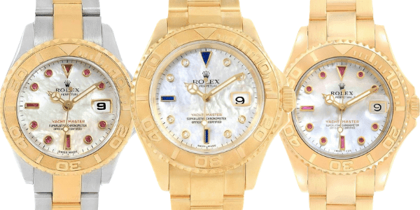 Rolex Yacht-Master 29 Mother of Pearl Ruby Ladies Watches and  Rolex Yacht-Master Yellow Gold MOP Diamond Sapphire Serti Watch (center)