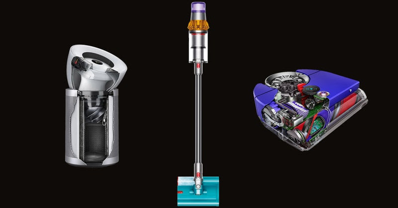 Dyson Purifier Big+Quiet Formaldehyde, Dyson V15s Detect Submarine, and Dyson 360 Vis Nav on a black background