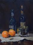 Oranges and Wine Bottles with Brass Vase - Posted on Sunday, January 4, 2015 by Bruce Hancock