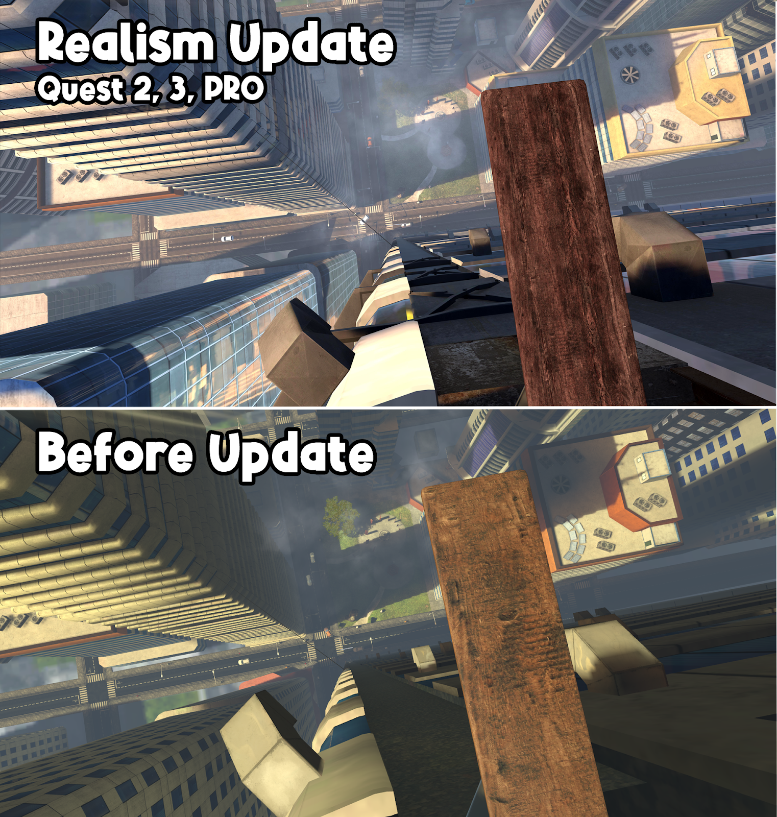 Experiencia Richie's Plank: la mitad superior de la imagen muestra gráficos de actualización realistas para Quest 2, Pro, 3. La mitad inferior muestra imágenes previas a la actualización.