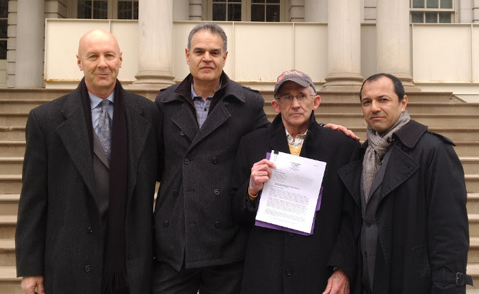 David Meiswinkle, Esq., Les Jamison, Bob Mcilvaine holding copy of Grand Jury Petition, Julio Gomez, Esq. on steps of NYC Hall after submitting Petition to the United States Attorney’s Office. on April 10, 2018