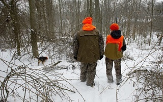 View from behind of an adult and youth hunter, dressed in hunter orange, and a dog in the snowy woods