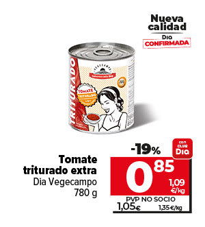 Nueva calidad Dia confirmada. Tomate triturado extra Dia Vegecampo 780g ahora un 19% más barato con CLUBDia a 0,85€ a 1,09€/kg. Pvp no socio a 1,05€ a 1,35€/kg