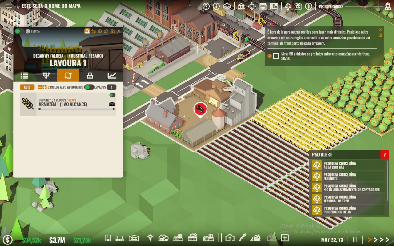 A screenshot of the game Rise of Industry, showing several farms built across the street from heavy industry. The game has a colourful and soft palette.